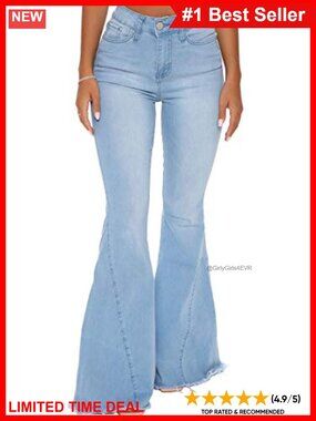 Ripped Bell Bottom Flare Jeans Mid Rise Destroyed Hem Denim Pants